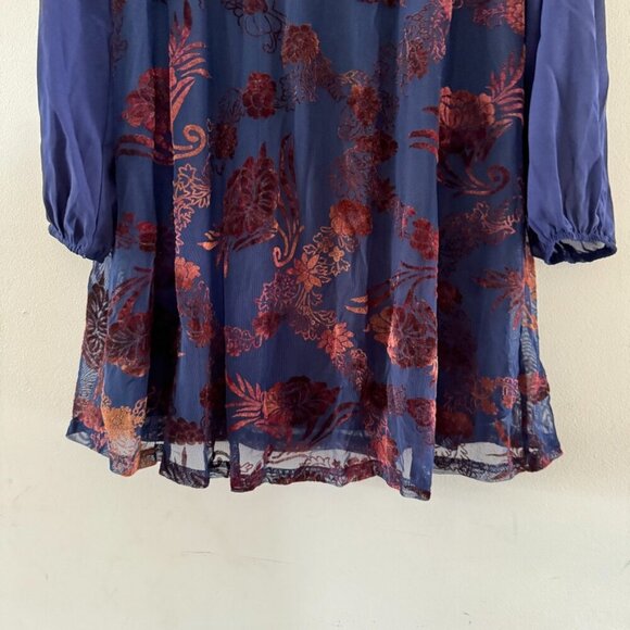 She‎ + Sky Silk Navy Blue Copper Velvet Burnout Button Keyhole Peasant Tunic Top - Picture 5 of 8